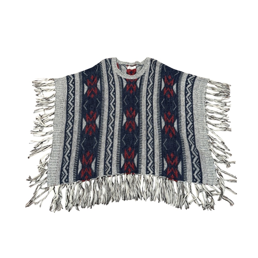 Elan Womens Western Knit Fringe Poncho Navy Red Grey Wool Blend O/S Cowgirl